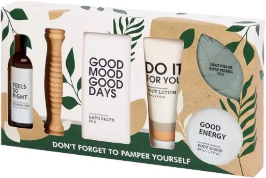 Beauty Geschenkset | Good Mood - 6-delig - Lavendel & Kamille | Badzout - Bodylotion - Scrub - Bruistablet - Massagestick - Douchegel | Verwencadeau Beauty - Cadeauverpakking